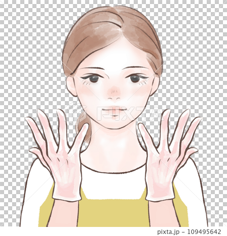 Woman wearing vinyl gloves/yellow apron 109495642