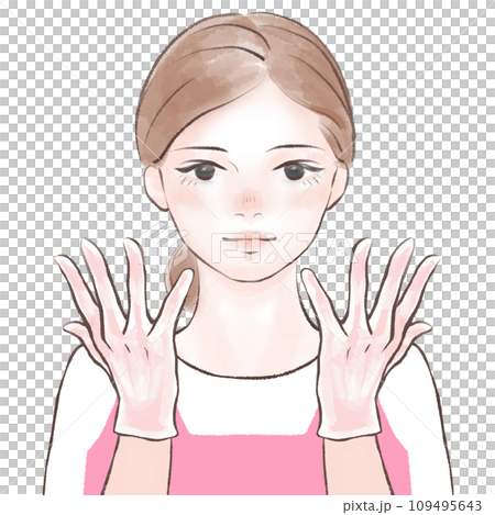 Woman wearing vinyl gloves/pink apron 109495643