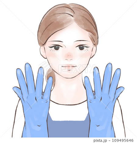 ブルーのゴム手袋を着用するエプロン姿の女性 ブルーのゴム手袋を着用するエプロン姿の女性 109495646