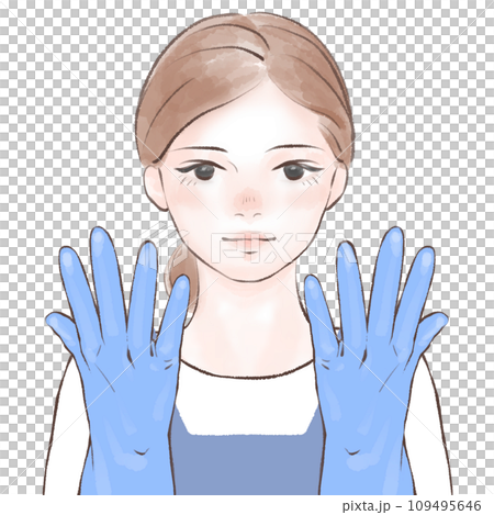 穿著圍裙、戴著藍色橡膠手套的女人 109495646