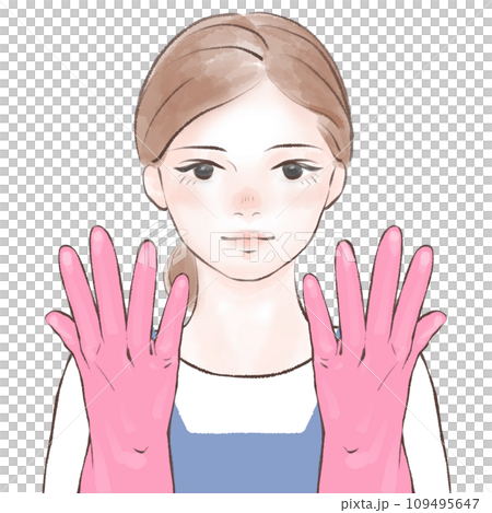 穿著圍裙、戴著粉紅色橡膠手套的女人 109495647