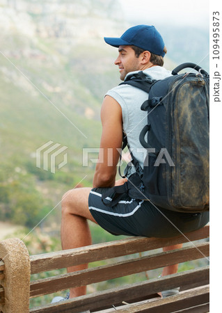 Fitness, happy man and rest of nature hiking with backpack for workout, training and exercise view. Hiker, person and smile on relax mountains for health, wellness and sports for Brazil summer break Fitness, happy man and rest of nature hiking with backpack for workout, training and exercise view. Hiker, person and smile on relax mountains for health, wellness and sports for Brazil summer break 109495873