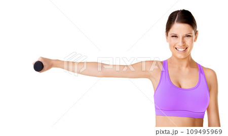 Dumbbell, workout and portrait of woman in exercise for fitness, health or wellness in white background. Studio, mockup space or girl weightlifting for strong bodybuilding, challenge or training arms 109495969