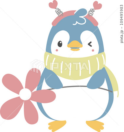 happy valentine's day with penguin holding flower, love concept, flat png transparent element character design 109495983