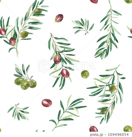 Watercolor seamless pattern with branches of green and red olives on a white background. Can be used for textile, wallpaper prints, kitchen, food and cosmetic design. 109496054
