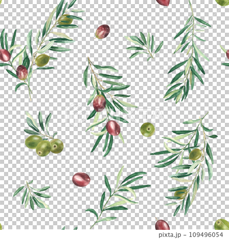 Watercolor seamless pattern with branches of green and red olives on a white background. Can be used for textile, wallpaper prints, kitchen, food and cosmetic design. 109496054