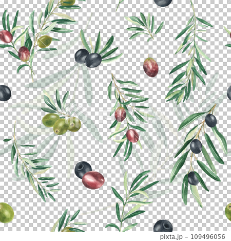 Watercolor seamless pattern with branches of green, black and red olives on a white background. Can be used for textile, wallpaper prints, kitchen, food and cosmetic design. Watercolor seamless pattern with branches of green, black and red olives on a white background. Can be used for textile, wallpaper prints, kitchen, food and cosmetic design. 109496056