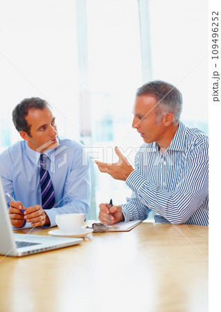 Business men, documents and writing in meeting for advice, support and investment, partnership or contract negotiation. Clients, mature advisor or people talking of financial benefits with checklist Business men, documents and writing in meeting for advice, support and investment, partnership or contract negotiation. Clients, mature advisor or people talking of financial benefits with checklist 109496252