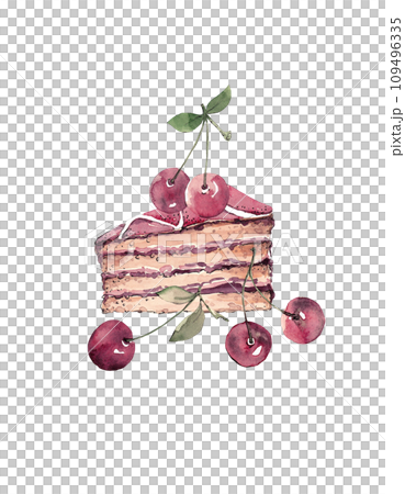 Piece of cake with cherries. Layered cake. Isolated mixed illustration Piece of cake with cherries. Layered cake. Isolated mixed illustration 109496335