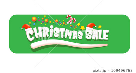 cartoon christmas sale horizontal banner with lighting stars, candies, lollipops, snow, santa red hat and christmas lights isolated on green background. Cartoon kids style sale label sticker button 109496768