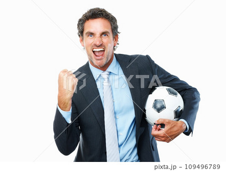 Portrait, football and business with man, celebration and employee isolated on white studio background. Face, person and model with sports, excited and cheering with victory, winning and mockup space Portrait, football and business with man, celebration and employee isolated on white studio background. Face, person and model with sports, excited and cheering with victory, winning and mockup space 109496789