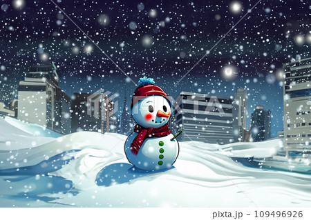 雪降る晩の街角の雪だるまのイラスト 109496926