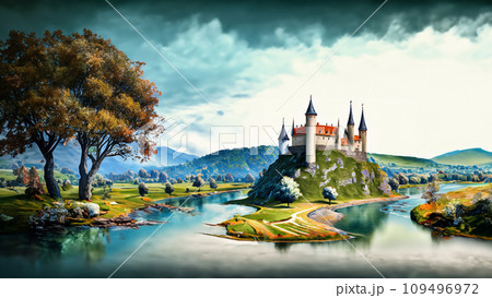 川沿いに建つ中世ヨーロッパの城のイラスト 109496972