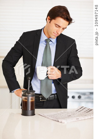 Business man, reading newspaper and coffee in kitchen with thinking, ideas or check stats on global market. Trader, investor and morning paper for announcement, stock and decision for financial job Business man, reading newspaper and coffee in kitchen with thinking, ideas or check stats on global market. Trader, investor and morning paper for announcement, stock and decision for financial job 109497148