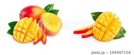 Mango fruit half with leaves and slices isolated on white background close-up Mango fruit half with leaves and slices isolated on white background close-up 109497156