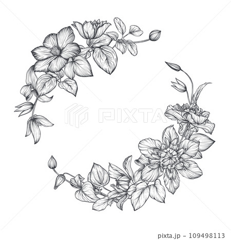 Vector wreath with hand drawn blooming garden flowers and leaves. Vector wreath with hand drawn blooming garden flowers and leaves. 109498113