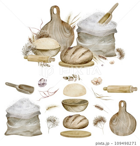 Wheat breads on isolated background. Watercolor illustration of ingredients for making homemade baked goods. Culinary process of preparing food. Traditional cuisine hand drawn. Wheat breads on isolated background. Watercolor illustration of ingredients for making homemade baked goods. Culinary process of preparing food. Traditional cuisine hand drawn. 109498271