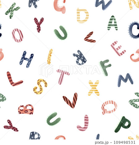Alphabet background. Watercolor drawing of colored letters on white. Children's school decoration. Cartoon jungle font. Packaging and fabric design. Alphabet background. Watercolor drawing of colored letters on white. Children's school decoration. Cartoon jungle font. Packaging and fabric design. 109498531