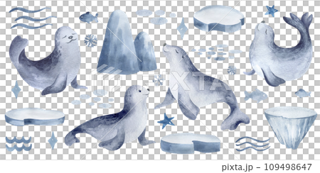 Fur seal is an animals of the Arctic. Watercolor set of beast and ice floes on an isolated background. Hand-drawn sea calf and iceberg elements for kids stickers and prints. Fur seal is an animals of the Arctic. Watercolor set of beast and ice floes on an isolated background. Hand-drawn sea calf and iceberg elements for kids stickers and prints. 109498647