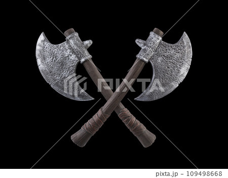 Two crossed axes isolated on black background Two crossed axes isolated on black background 109498668
