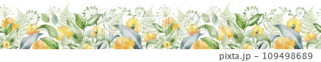 Flowers seamless border with roses and eucalyptus. Watercolor elegant ornamental drawn by hand. Botanical decoration of a ruddy bud and green leaves. Designing of wedding invitations and cards. 109498689