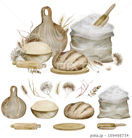 Wheat breads on isolated background. Watercolor illustration of ingredients for making homemade baked goods. Culinary process of preparing food. Traditional cuisine hand drawn. Wheat breads on isolated background. Watercolor illustration of ingredients for making homemade baked goods. Culinary process of preparing food. Traditional cuisine hand drawn. 109498734