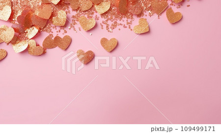 Golden confetti and pink hearts on a pink background, copy space. Background of Valentines day concept. Golden confetti and pink hearts on a pink background, copy space. Background of Valentines day concept. 109499171