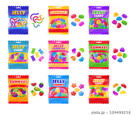 Jelly sweets package. Cartoon gummy bear, chewy worms and fruit shaped marmalade packaging flat vector illustration set. Sweet fruit flavored candies packages 109499258