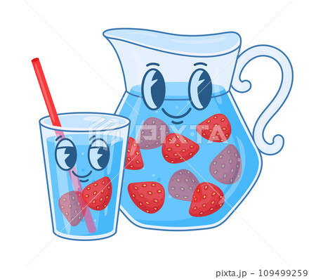Water jug and glass characters. Cartoon water jug and glass mascots, mineral water with strawberry flat vector illustration. Water decanter emoji 109499259