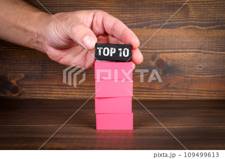 Top 10 Concept. Colorful blocks on a wooden background 109499613