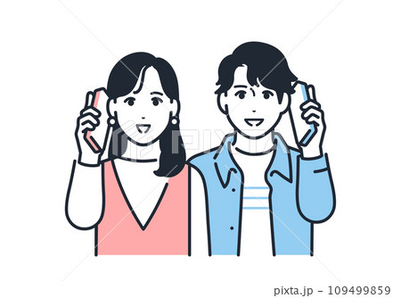 かけ放題で通話をする若い男女のシンプルなベクターイラスト素材 109499859