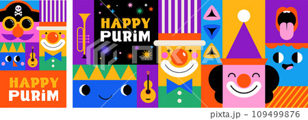 Purim Carnival, Happy Carnival, colorful geometric background with clown, splashes, speech bubbles Purim Carnival, Happy Carnival, colorful geometric background with clown, splashes, speech bubbles 109499876