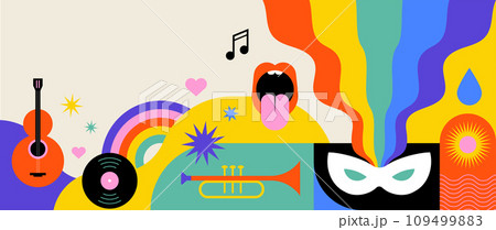 Happy Carnival, colorful geometric background with splashes, speech bubbles, masks and confetti  109499883