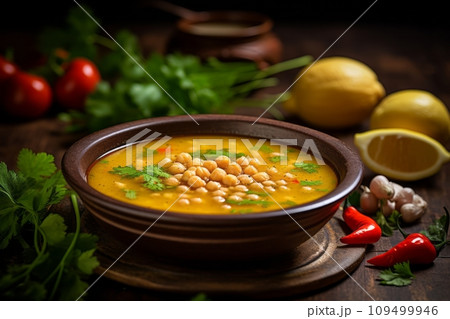 Chickpea soup in a bowl with spices 109499946