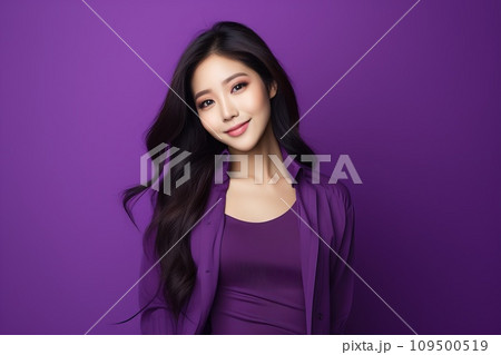 AI-generated content. a beautiful Asian girl smiles sweetly in monochrome bright purple clothes on a monochrome generative Ai 109500519