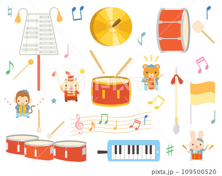 鼓笛隊で使う楽器などをイメージしたイラスト　可愛い動物ありバージョン 109500520