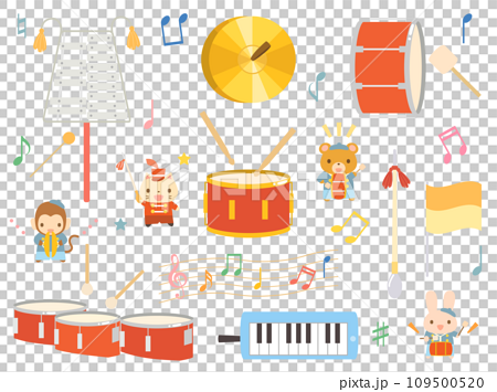 鼓笛隊で使う楽器などをイメージしたイラスト　可愛い動物ありバージョン 109500520
