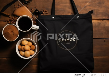 AI-generated content. Top view of a blank mockup tote bag on a picnic blanket, with a spread of delicious snacks 109500558