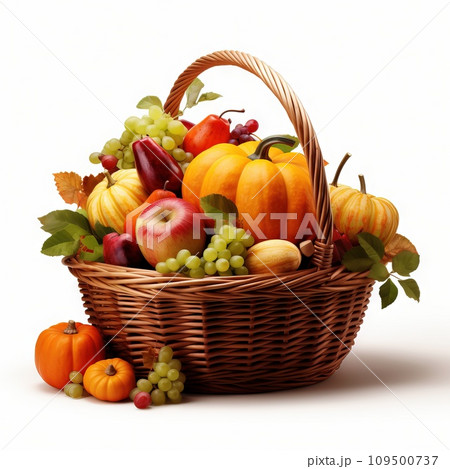 AI-generated content. Thanksgiving Day Elements In A Brown Basket White Background Generate Ai AI-generated content. Thanksgiving Day Elements In A Brown Basket White Background Generate Ai 109500737