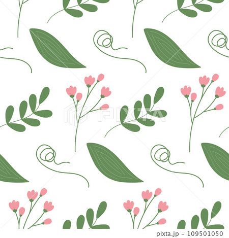 Seamless pattern of flowering twigs, spathiphyllum leaf, curl branch and leaf with small leaves 109501050