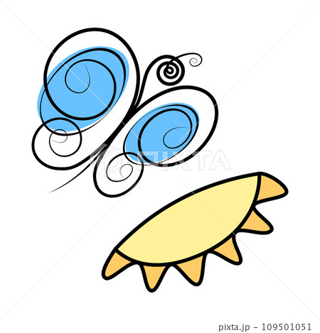 Stylized half sun and butterfly with spots in trendy marker blue shade. Line art design concept 109501051