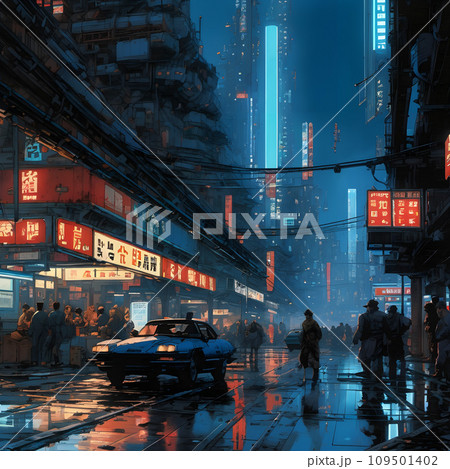 AI-generated content. A city street at night with people walking. 109501402