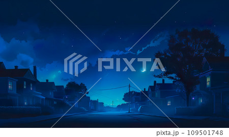 静かな夜更けの街のイラスト背景「AI生成画像」 109501748