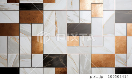 Patchwork arrangement of white marble and bronze tiles Patchwork arrangement of white marble and bronze tiles 109502414
