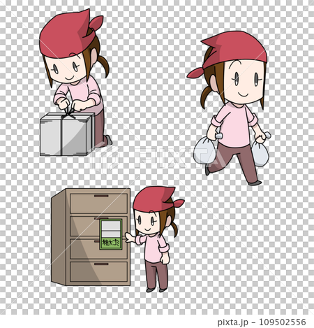 3 patterns of illustrations of women taking out the trash 109502556