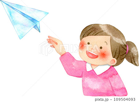 紙飛行機を飛ばす子供(女の子)の水彩イラスト 109504093