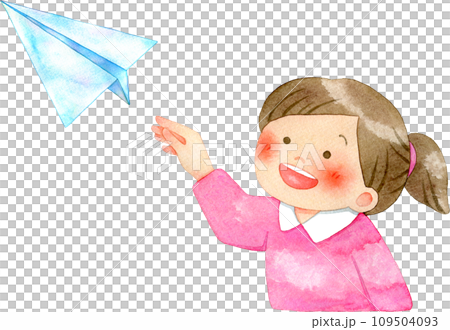 紙飛行機を飛ばす子供(女の子)の水彩イラスト 109504093