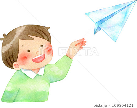 紙飛行機を飛ばす子供(男の子)の水彩イラスト 109504121