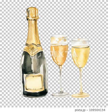 Champagne bottle with glass ,watercolor isolated on transparent background. Ai Generate Champagne bottle with glass ,watercolor isolated on transparent background. Ai Generate 109504134