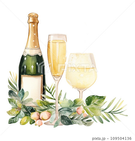 Champagne bottle with glass ,watercolor isolated on transparent  background. Ai Generate 109504136
